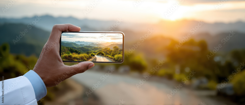 custom made wallpaper toronto digitalPerson holds smartphone capturing scenic view of winding road through lush green hills at sunset, creating serene and picturesque moment