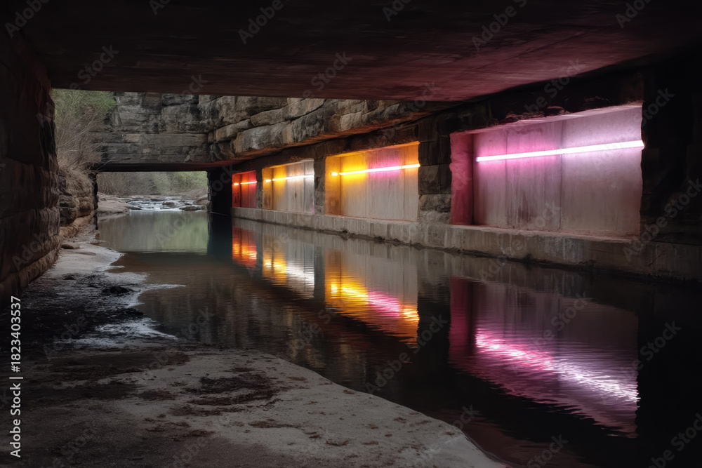custom made wallpaper toronto digitalDimly lit tunnel with colorful neon lights reflecting on water creates mysterious and artistic atmosphere. stone walls and sandy floor add to urban exploration vibe