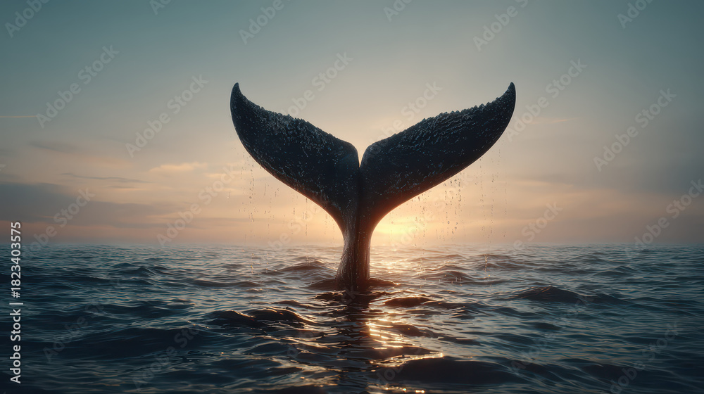 custom made wallpaper toronto digitalMajestic whale tail rises gracefully from ocean at sunset, casting serene silhouette against vibrant sky. tranquil scene captures beauty of marine life and nature wonders