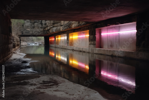 Wallpaper Mural Dimly lit tunnel with colorful neon lights reflecting on water creates mysterious and artistic atmosphere. stone walls and sandy floor add to urban exploration vibe Torontodigital.ca
