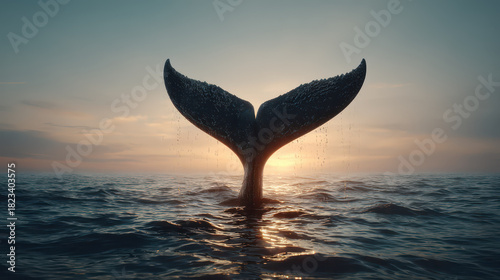 Wallpaper Mural Majestic whale tail rises gracefully from ocean at sunset, casting serene silhouette against vibrant sky. tranquil scene captures beauty of marine life and nature wonders Torontodigital.ca