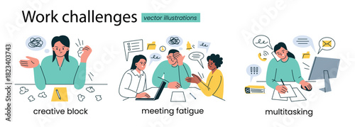 Vector illustration collection with flat cartoon people in office scenes, work challenges, creative block, meeting fatigue, multitasking stress set, characters with burnout emotion, productivity theme