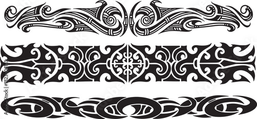 Set of three distinct tribal art borders featuring intricate stylized patterns in black and white, perfect for decorative graphic designs, cultural motifs, and artistic embellishments