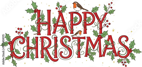 Happy christmas holiday robin birds holly berries winter season festive card