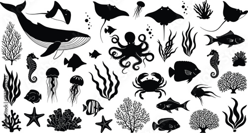 Underwater marine life vector set, black sea creature silhouettes, ocean animals and coral design, aquatic nature elements, scuba diving graphic collection