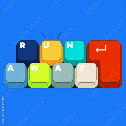 Keyboard Keys Forming “RUN AWAY”. Colorful keyboard key arrangement spelling a playful escape phrase in vibrant modern illustration style for digital creative themes