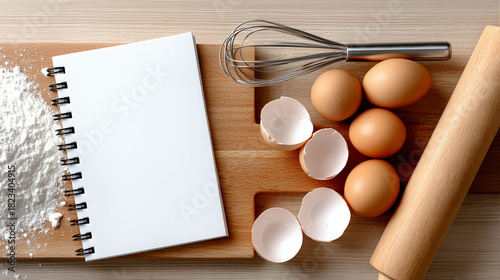 Top-View Kitchen Baking Mockup with Blank Notepad on Flour-Dusted Board

