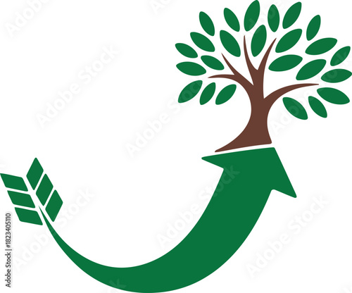 Green tree growing from upward arrow with fletching growth
