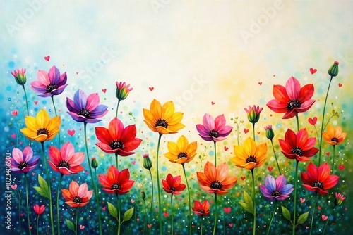 Vibrant Floral Garden with Multicolored Blossoms and Scattered Hearts in a Dreamlike Setting