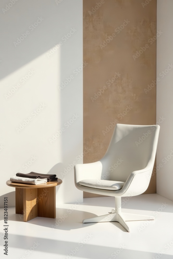 Fototapeta premium Sunlit Modern Minimalist Room Interior Featuring Comfortable Swivel Chair and Simple Wooden Side Table