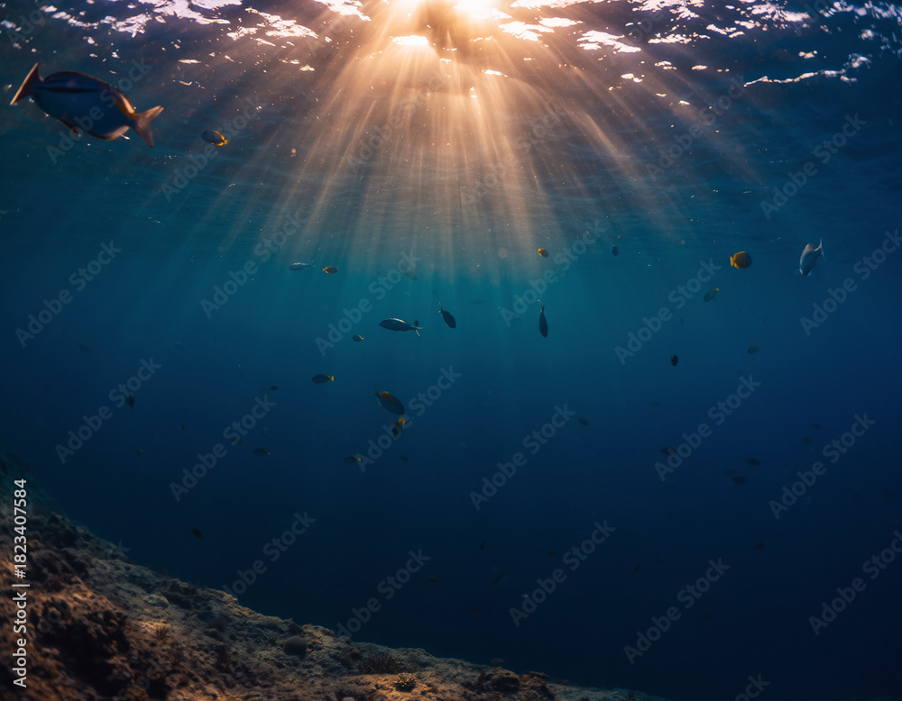 Obraz premium Underwater Scene with Sunlight Beams Marine Life and Ocean Depths Sunlight, Fish, Sea, Sun, Water, Ocean, Underwater, Marine, Light, Beams