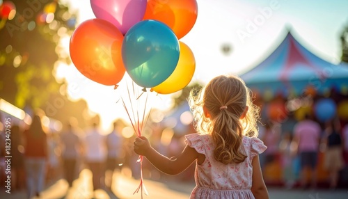 Fototapeta Naklejka Na Ścianę i Meble -  Cheerful woman and child enjoying the fun and freedom of colorful balloons flying in the blue summer sky above a sunny grassy field