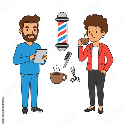 Barber scheduling appointment for customer drinking coffee