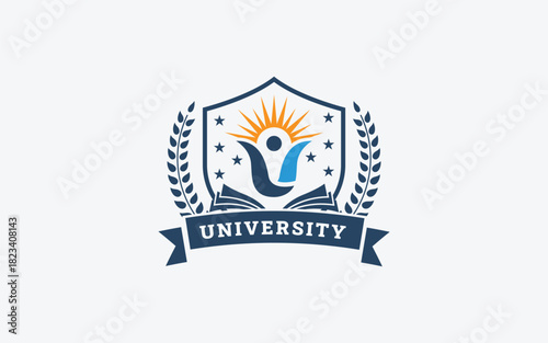 Prestigious University Shield Vector Logo Illustration, Abstract Sun Person and Laurel Wreath Education Emblem