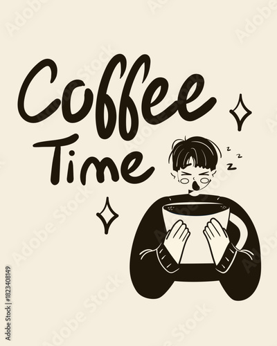 Coffee time. Sleepy man holding a huge cup of coffee poster card. Yawning person enjoy the enormous coffee. Flat vector illustration.