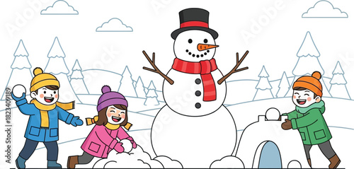 Winter fun snow snowman kids playing snowballs igloo cartoon illustration