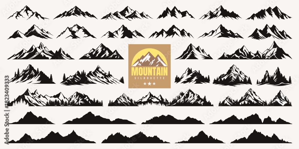 Fototapeta premium Mountain silhouette, summer forest camping icon and hill hiking logo collection. Winter nature background or mountain line art with christmas tree. Adventure sticker or symbol idea for travel business