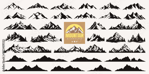 Mountain silhouette, summer forest camping icon and hill hiking logo collection. Winter nature background or mountain line art with christmas tree. Adventure sticker or symbol idea for travel business