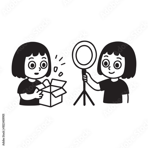 Girl with ring light and box unboxing new equipment.