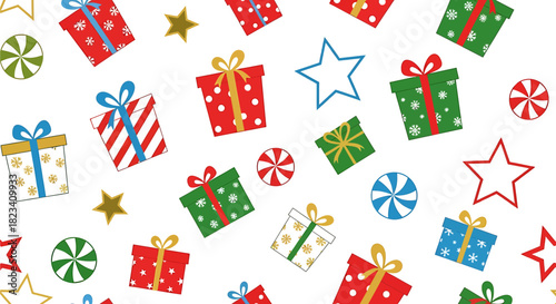 Festive image featuring a pattern of colorful wrapped gifts, stars, and candies on a white background.