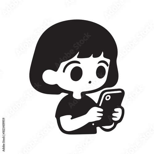 Cute cartoon girl using smartphone black and white illustration.