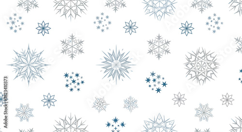 A seamless pattern featuring an array of intricate blue and grey snowflakes of various sizes on a clean white background, perfect for winter designs.