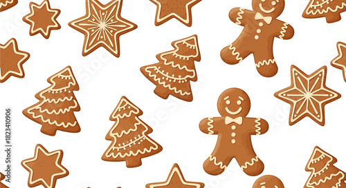 Seamless pattern of festive gingerbread cookies including men, Christmas trees, and stars, decorated with white icing on a white background.