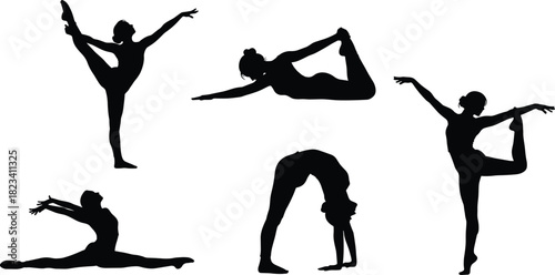 Elegant Female Silhouettes Collection Performing Ballet, Gymnastics, and Yoga Poses, Flexible Woman Dancing, Stretching, and Exercising, Isolated Vector Graphic Element.