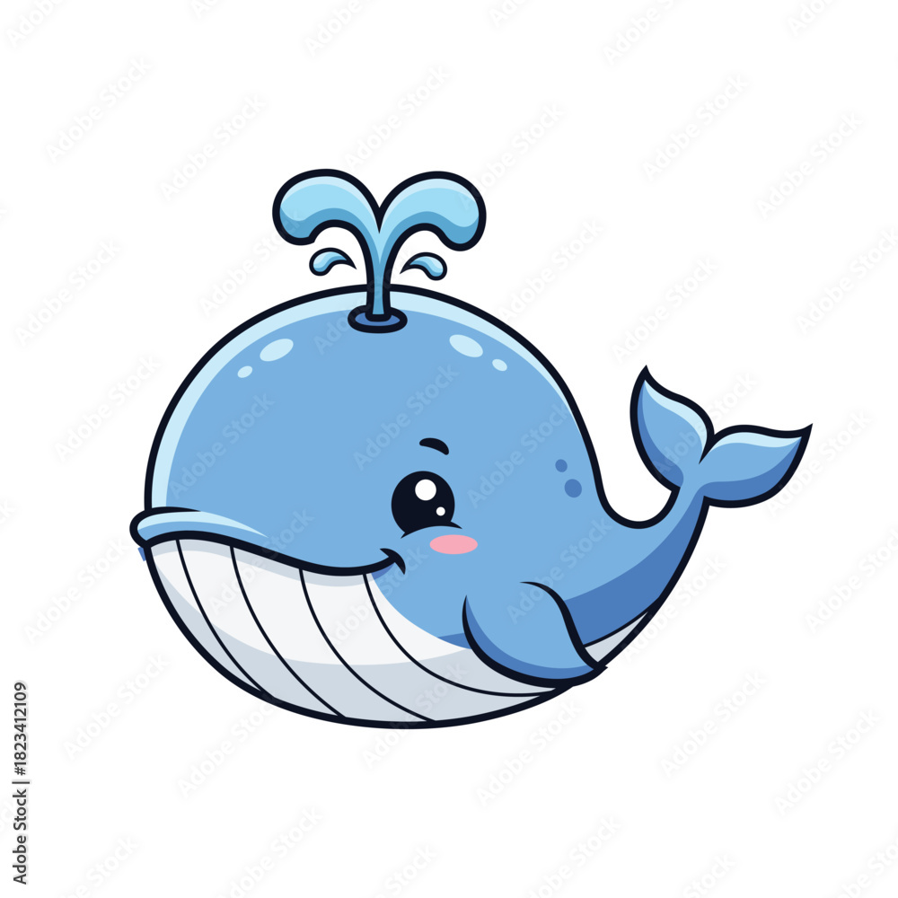 Fototapeta premium Cute Blue Whale Spouting Water vector Cartoon Illustration