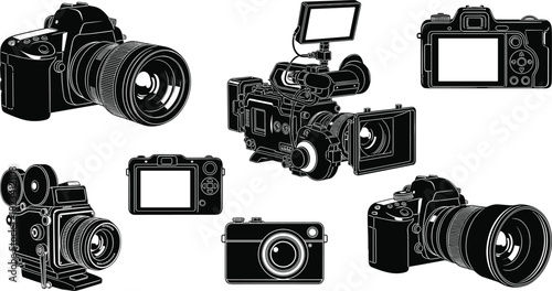 Detailed Photography and Videography Equipment Collection, Professional Cameras, Camcorder, and SLR Gear Set, Isolated Vector Graphic Element for Media Design.