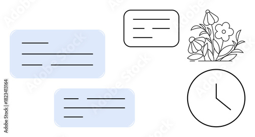 Minimalist chat bubbles, analog clock, and blooming flowers. Ideal for communication, productivity, time tracking, teamwork, nature growth wellness. Simple flat metaphor