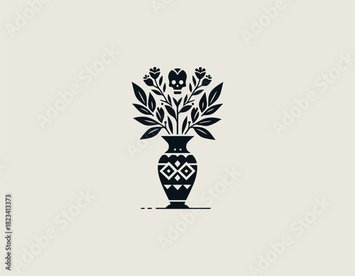 Stylized black and white vector graphic of a patterned vase holding a striking bouquet of leafy plants creatively topped with decorative skull flowers. Mexican Dia de Muertos concept