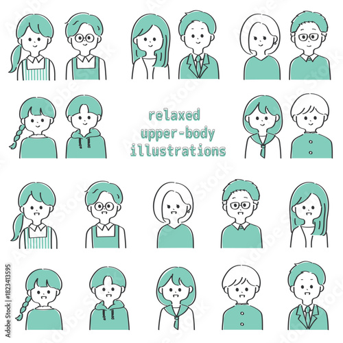 線画のかわいい男女ペアの人物上半身アイコンセット