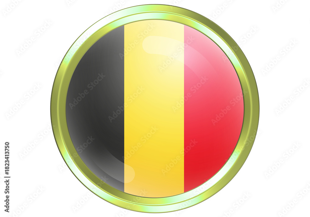 Fototapeta premium Shiny 3D Belgium Flag Circle Button Icon with Golden Frame on White Background