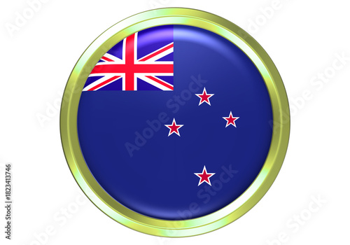 Free Download New Zealand National Flag Glossy Round Button Icon with Golden Border on White Background - GFXLoad