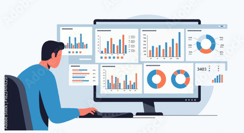 Flat vector Analyst reviewing multi-panel dashboard with bar charts and pie charts