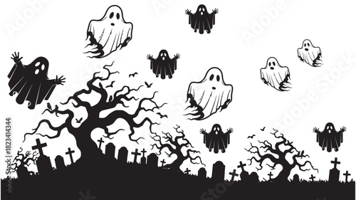 A black and white illustration of a spooky graveyard scene with flying ghosts and dead trees.