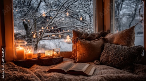 Cozy reading nook with soft pillows and warm candles next to a snowy window scene, creating a relaxing and serene winter atmosphere perfect for escaping into a book