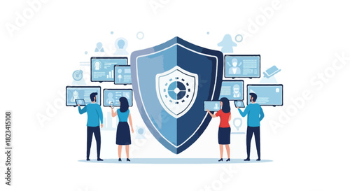 Flat vector Cybersecurity shield concept with faceless analysts monitoring alerts on screens