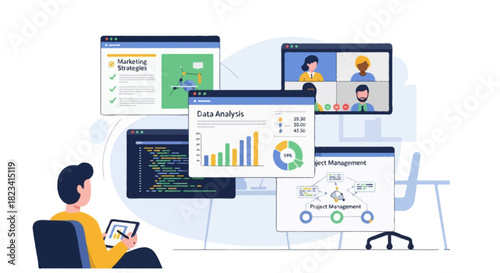 Flat vector Corporate training with multiple screen windows showing lessons