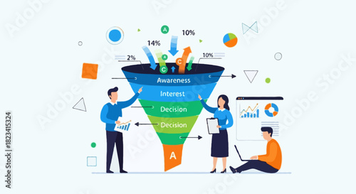 Flat vector Marketing team analyzing sales funnel diagram