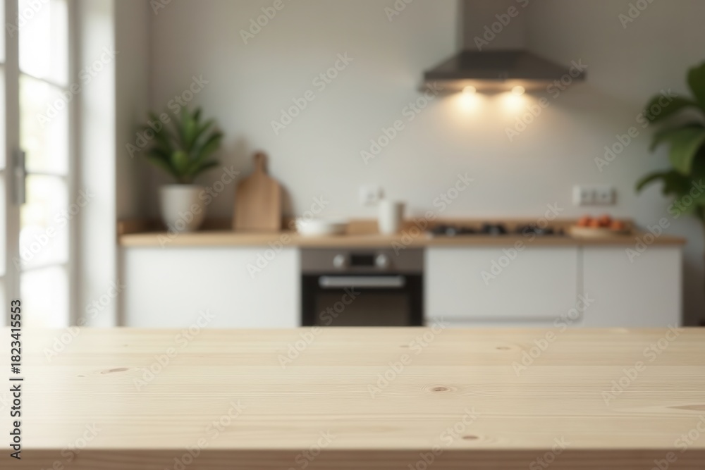 Fototapeta premium Light wood kitchen counter with blurred background of modern kitchen appliances and minimalist decor