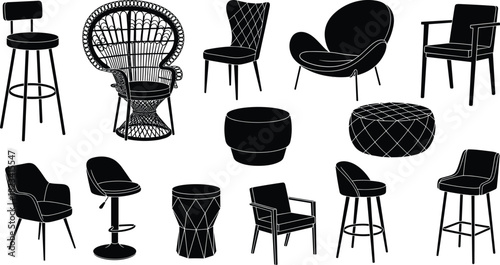 Collection Of Modern Furniture Silhouettes Including Bar Stools Armchairs And Peacock Chair Vector Illustration Set