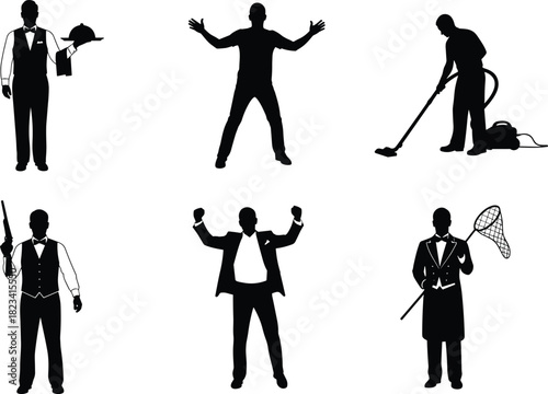 Collection of Professional Men Silhouettes Vector Illustration Featuring Waiter Janitor Spy and Business Man in Black and White Style