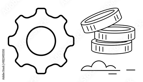 Gear symbolizing industry and productivity alongside coin stack denoting finance. Minimal cloud lines add abstraction. Ideal for economy, innovation, business, mechanics, technology, minimalism