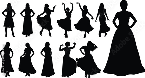 Collection of twelve black silhouettes of women in long dresses and ball gowns posing and dancing isolated on white background.