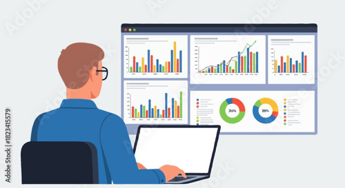 Flat vector Analyst reviewing multi-panel dashboard with bar charts and pie charts