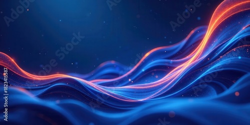 Abstract Blue and Orange Particle Waveforms Flowing Across a Dark Background