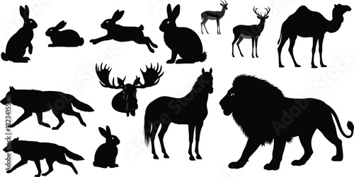 Collection of wild animal silhouettes including rabbit lion wolf horse and deer vector illustration isolated on white.