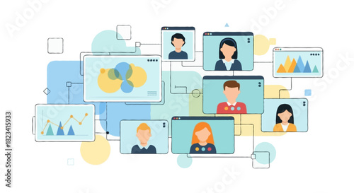 Flat vector Remote work team connected by digital screens